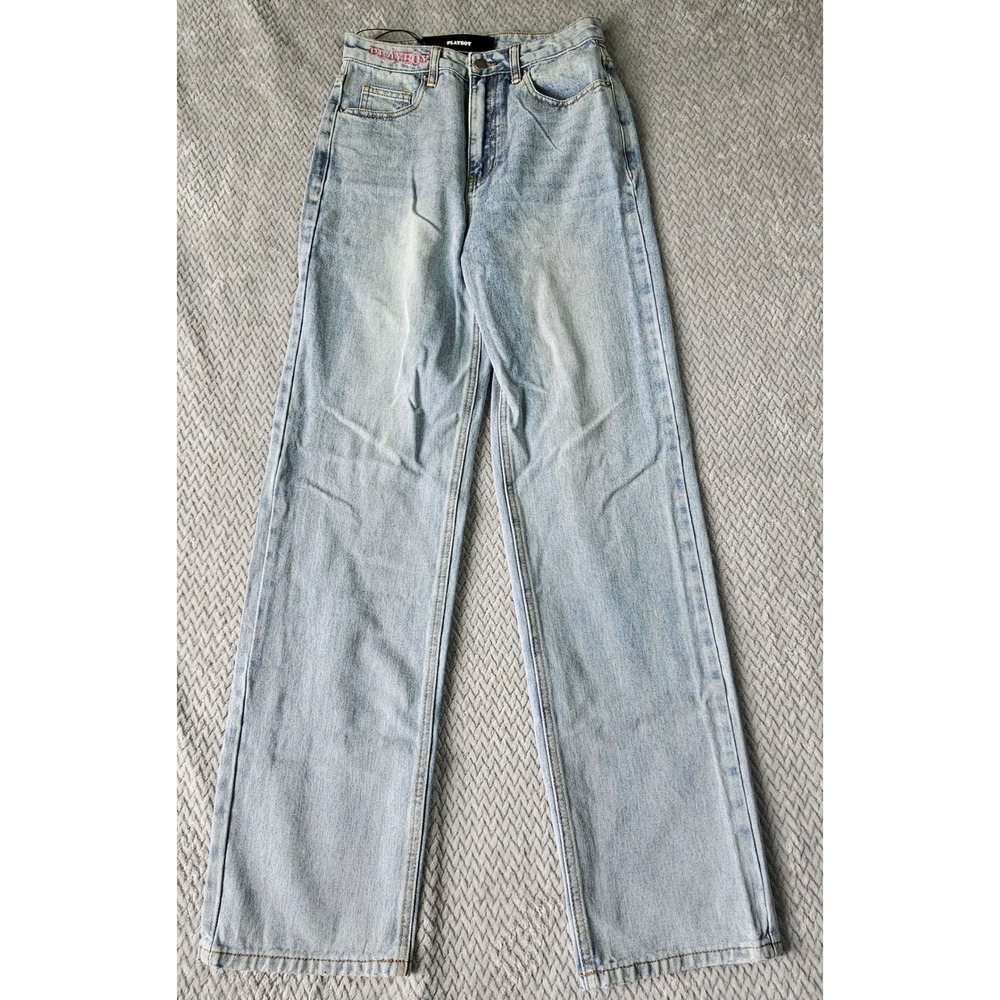 Playboy Jeans Womens 27 Ripped Boyfriend Light Blue Pink Bunny Logo 90's
